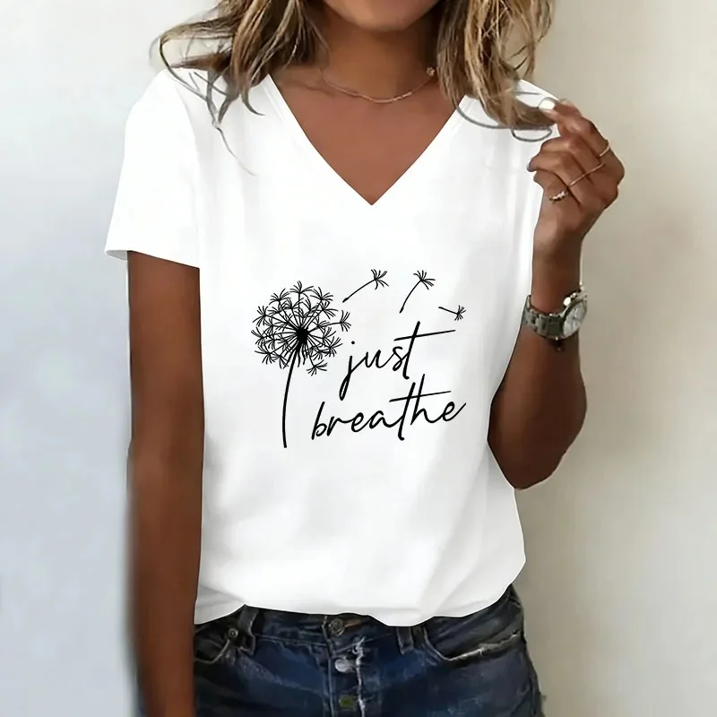 Just Breathe Dandelion V-neck T-shirt, Y2k casual fashion, women's t-shirts, short-sleeved V-neck t-shirt
