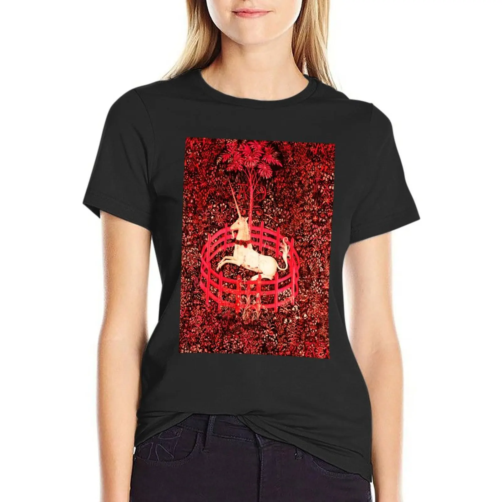 UNICORN AND GOTHIC FANTASY FLOWERS, RED FLORAL MOTIFS T-Shirt blacks animal print Top Women