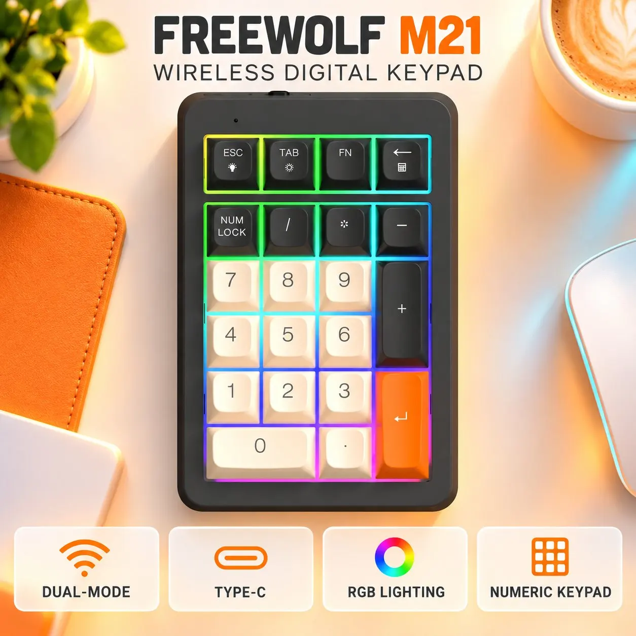 FREEWOLF M21 Dual-Mode Wireless Numeric Keypad 21 Keys Bluetooth 2.4G Rechargeable 950mAh Type-C Number Pad for Laptop PC