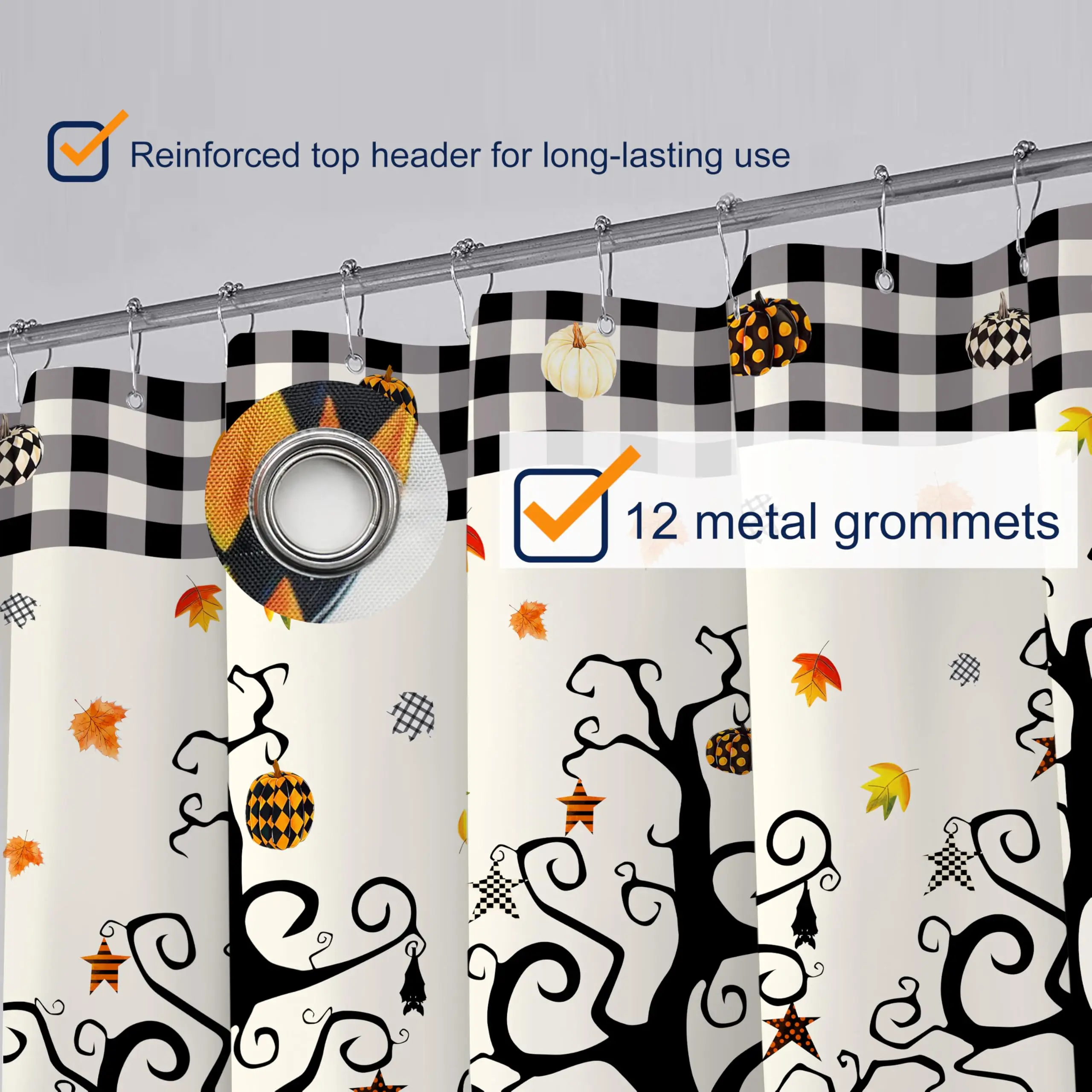 Halloween Shower Curtain Set Pumpkin Tree Leaves Buffalo Plaid Shower Curtains Waterproof Fabric Bath Curtains with 12 Hooks for Fall Halloween Bathroom Decor, 72 x 72 Inches