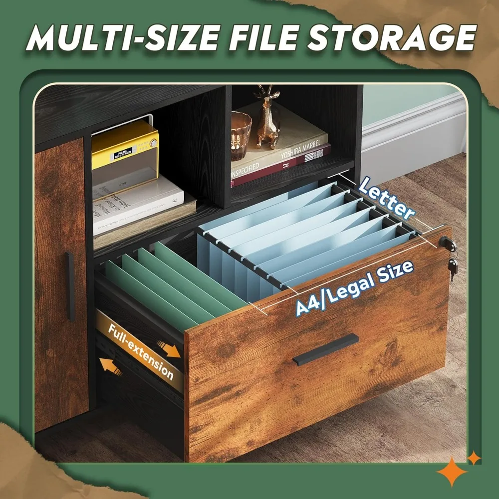 1-Drawer Rolling File Cabinet with Lock, Wooden Home Office Printer Stand, Mobile Storage Solution