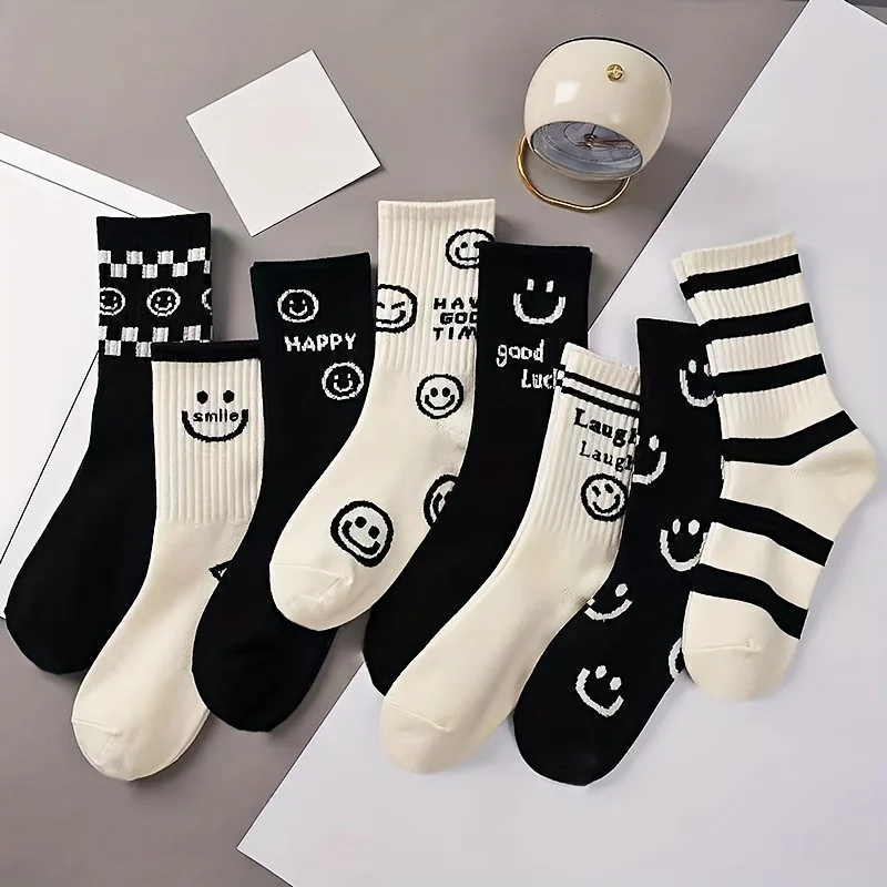 

5 pairs of women's black and white color cartoon smiley face versatile casual long tube striped sports socks