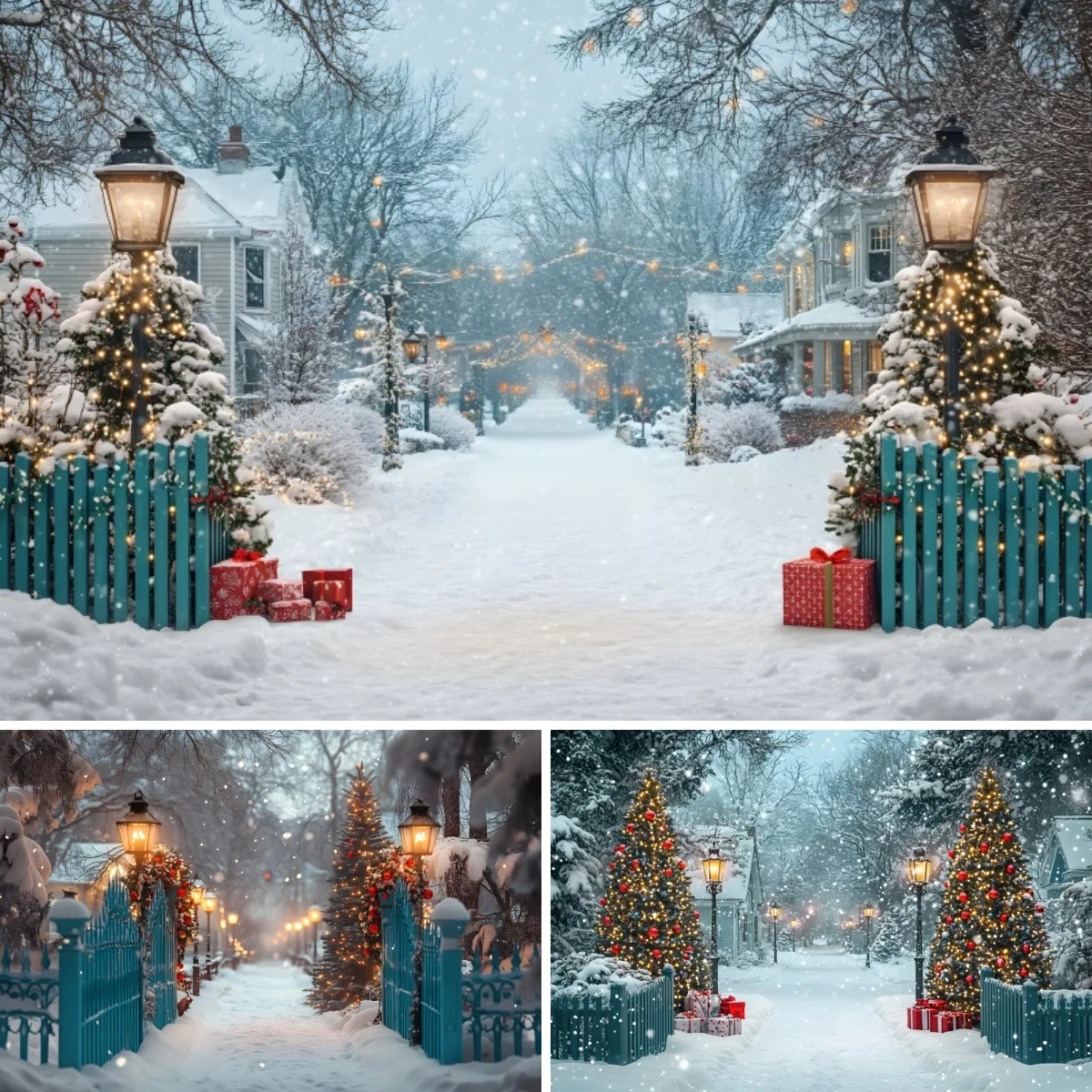 Winter Snowy Street Backdrop Blue Fence Lamp Post Christmas Tree Photography Background Holiday Party Photo Decoration Banner