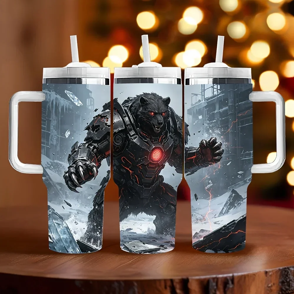 40oz Insulated Tumbler with Handle, Featuring Cool Futuristic Mechanical Bear Print, Provides Long Lasting Temperature Retention, Perfect as Holiday and Birthday Gift, Suitable for Daily Use and Outdoor Trips