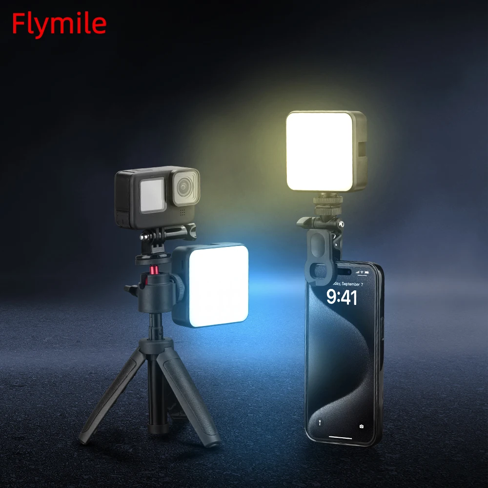 Flymile Mini Fill Light for Gopro Hero 12/11 Camera Phone RGB/Dual Color Temperature LED Video Light 1200maH Photography Prop