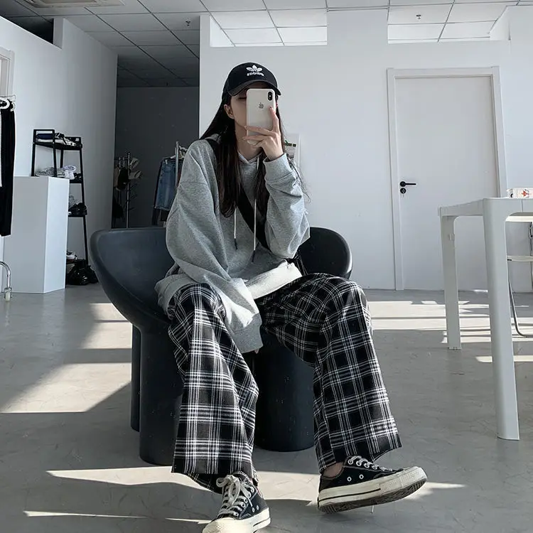 

Wide Leg Pants Womens Hot Sale Summer Fall Chic High Waist All-match Teens Streetwear Trendy Harajuku Plaid Womens Trouser