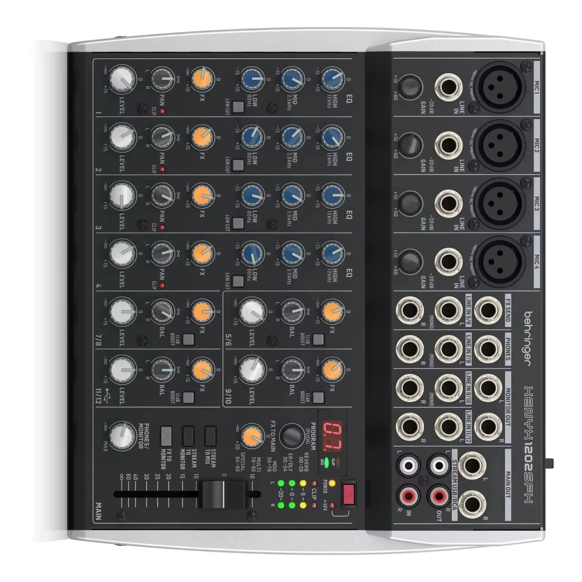 Behringer Premium Analog XENYX 1202SFX Mélangeur 12 entrées avec interface de streaming USB et effets Klark Teknik