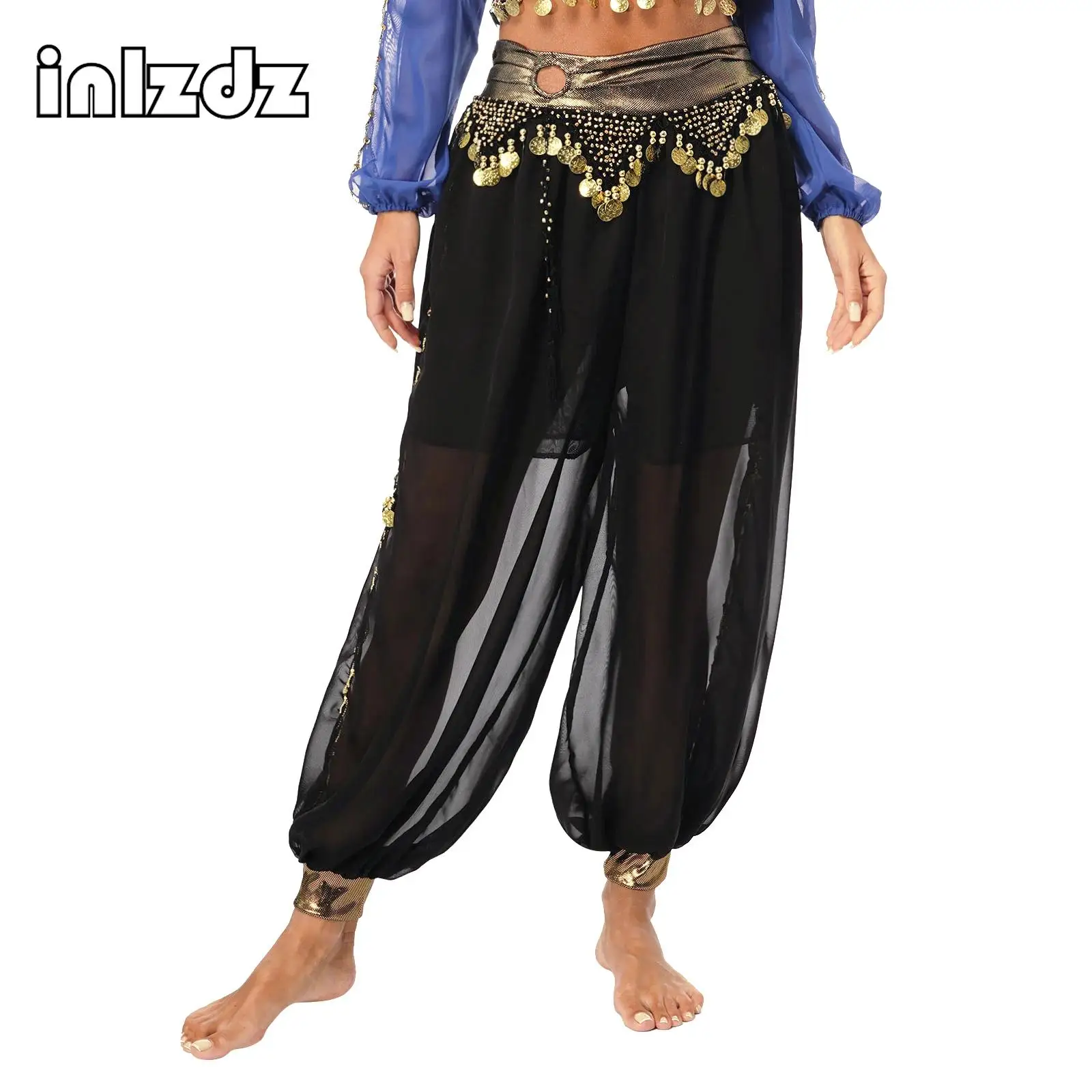 

Halloween Belly Dance Tribal Harem Pants Womens Chiffon Bellydance Pants Egyptian Sequins Tassel Lantern Pants Loose Trousers