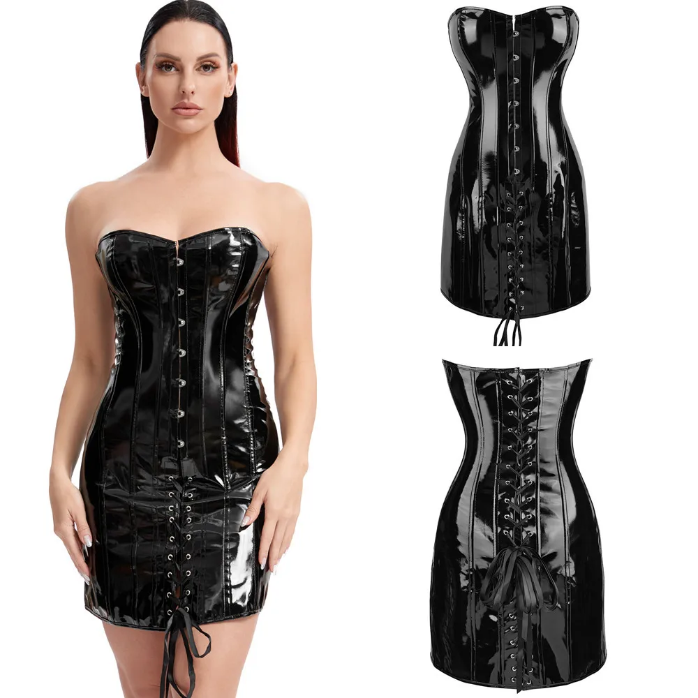 Gothic PVC Dress Women Long Torso Wetlook Faux Leather Overbust Corsets Dress Waist Slim Bustiers Shiny Short Skirt Outdoor Wear