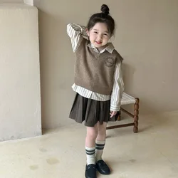 Girls Vests 2024 Autumn New Childrens Wear Korean Style Baby Girls Fashion College Style Embroidery Knitted Vests Casual Simple