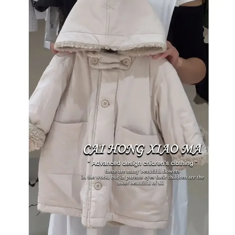 2023 Winter New Children\'s Single Breasted Thickened Mid Length Cotton Fashion Coat