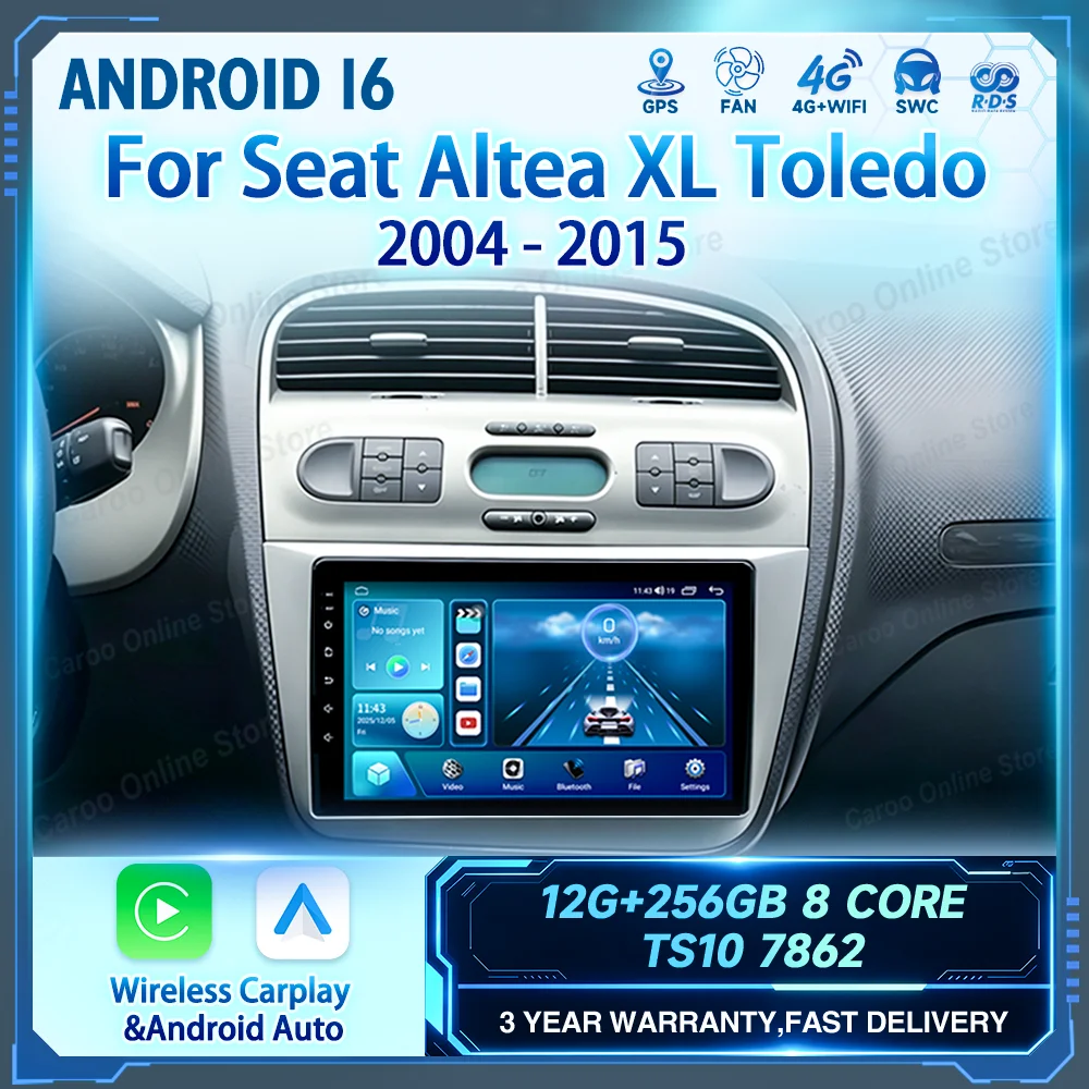 Car Android 16 Radio For Seat Altea XL Toledo 2004-2015 Auto Stereo Multimedia Player GPS Navigation Carplay QLED Touch Screen