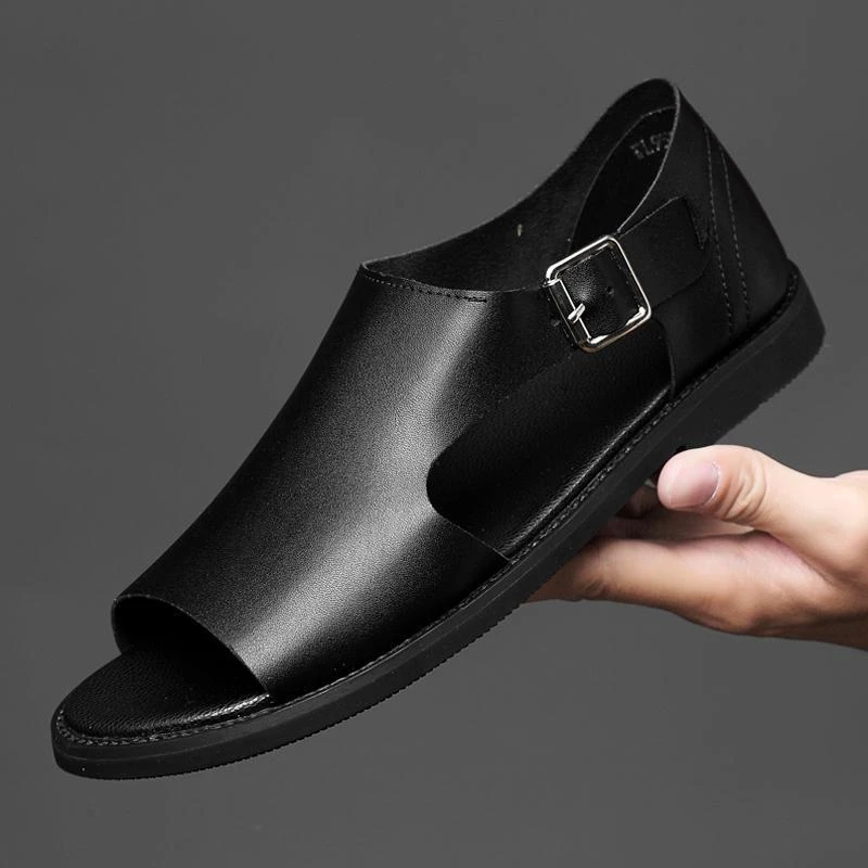 

Sandals Men's Summer Breathable Open-Toe Beach Shoes Casual Soft Sole All Black Non-Slip Roman Sandals Soft Leather Comfortable