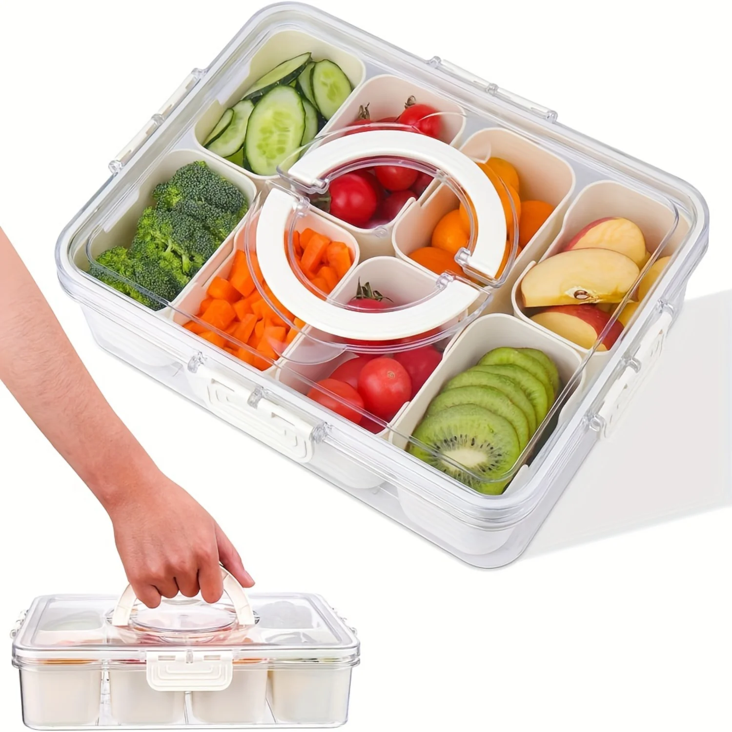 

1pc Versatile Multipurpose Container - 8 Compartment Divided Serving Tray with Lid and Handle, Portable and Reusable Airtight S