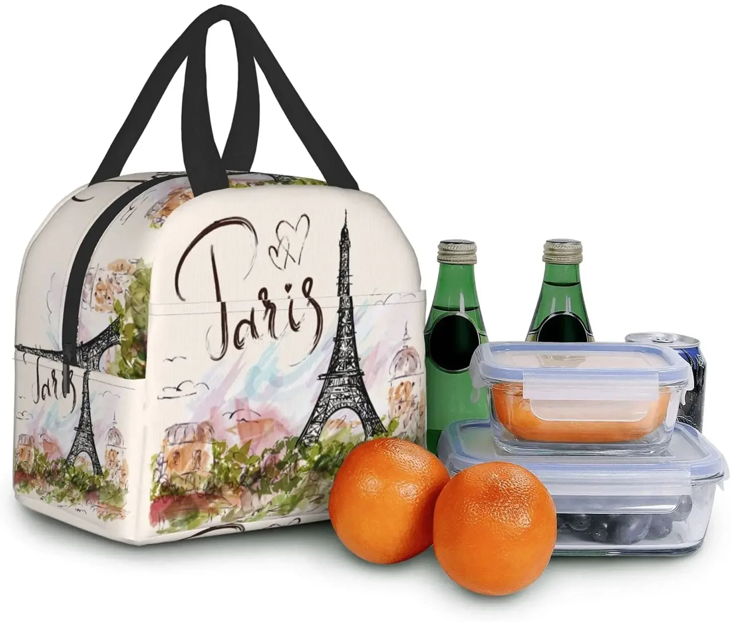 Paris Eiffel Tower Lunch Bags for Women Boy Girl Reusable Insulated Lunch Box Suitable Travel Work Picnic Beach Office Cooler