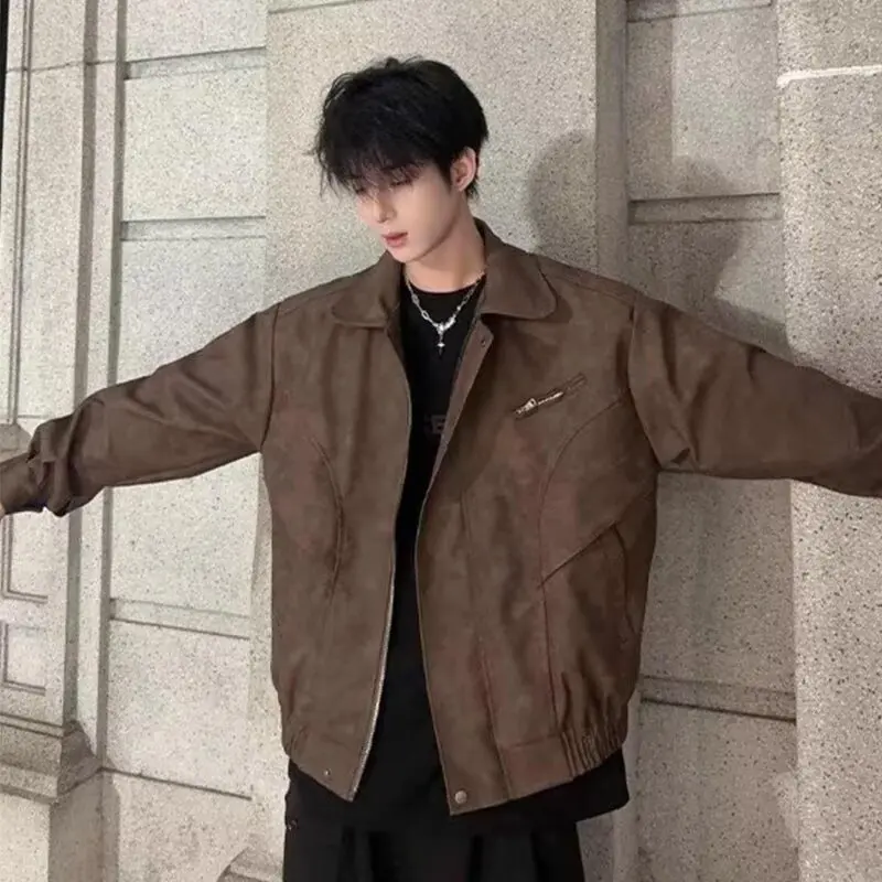 High-grade Sense of Baggy Lapel Handsome Biker Jacket Men's American High Street Trend Spring  Autumn Vintage Brown Leather Coat
