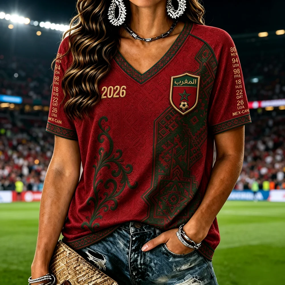 Women Morocco Football Jersey 2026 NEW Classic Style Ethnic Pattern  Jersey  Red‑Green Short Sleeve Fan Sports Family Kids Tees