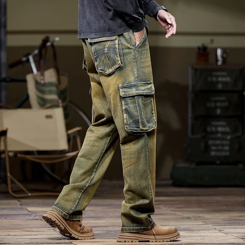 Autumn Winter Jeans Multi-pocket Retro Trendy Denim Pants Men's Loose Straight Plus Size 44 Tooling Micro Elasticity Trousers