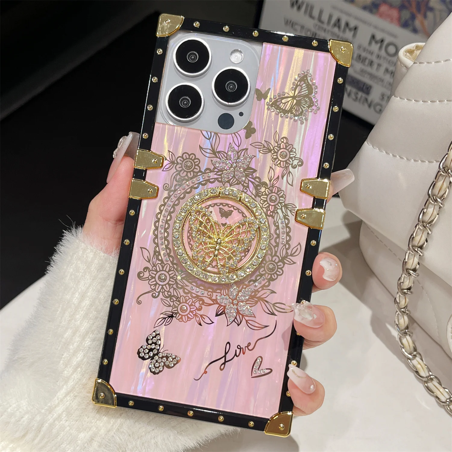 Luxury Laser Shell Pattern Case For iPhone 15 Pro Max 14 13 12 11 Diamond Butterfly Stand Holder Shockproof card Cover