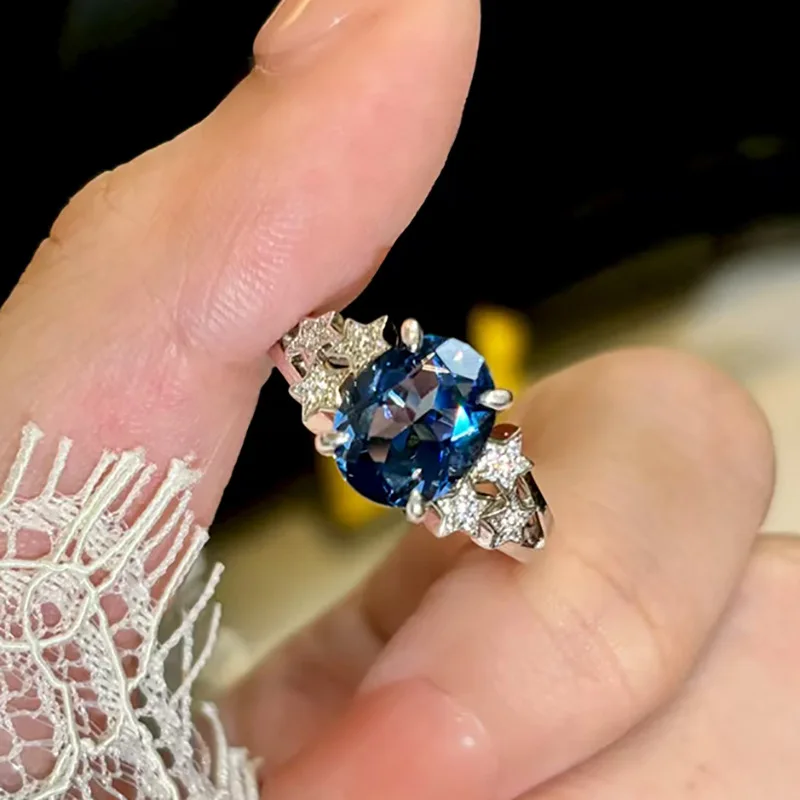 Luxury 18K white Solid Platinum PT950 certifid moissanite 6*8mm blue steel ring wedding ring sets for women