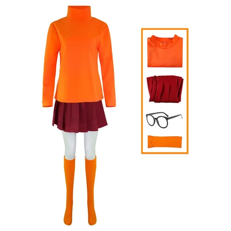 Velma Cosplay uniforme Anime donna arancione Top gonna calzini Costume di Halloween Set ragazze parrucca Velma