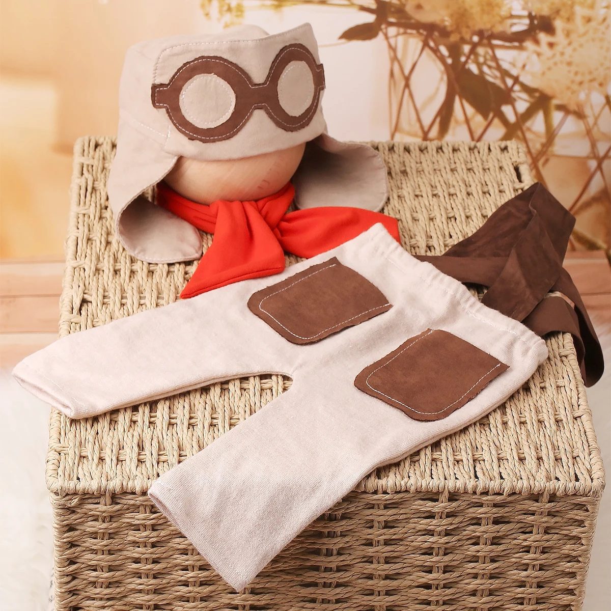 Ylsteed 3 Pieces Set Newborn Boy Photography Outfit Infant Photo Props Shooting Overalls Aviator Glasses Cap with Red Scarf