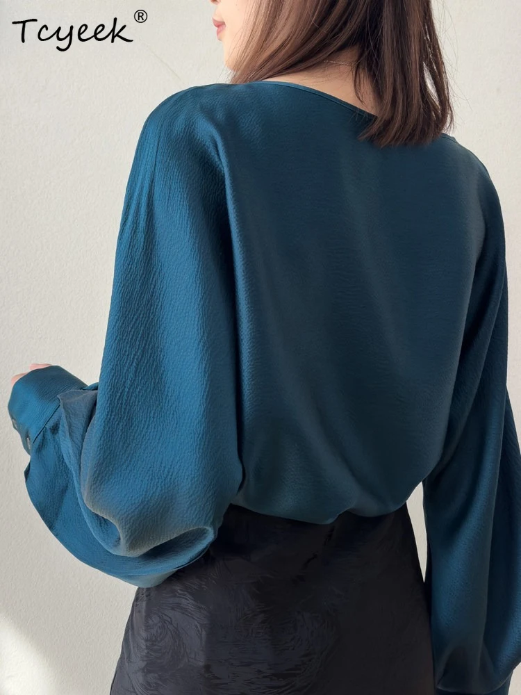 

Tcyeek 100% Real Mulberry Silk Blouse Elegant Blouses for Women Spring Summer Clothes Long Sleeve Womens Tops Camisa Feminina