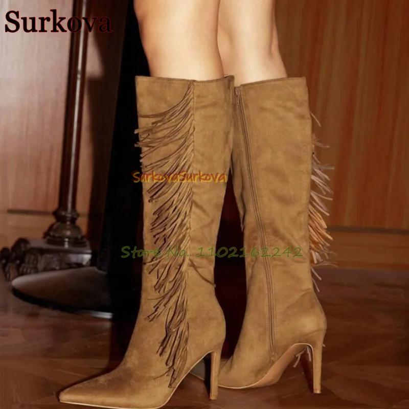 Winter Brown Retro Tassel High Heel Women'S Boots Pointed Toe Stiletto Side Zipper Fashion Boots Party Festival Knee-High Boots