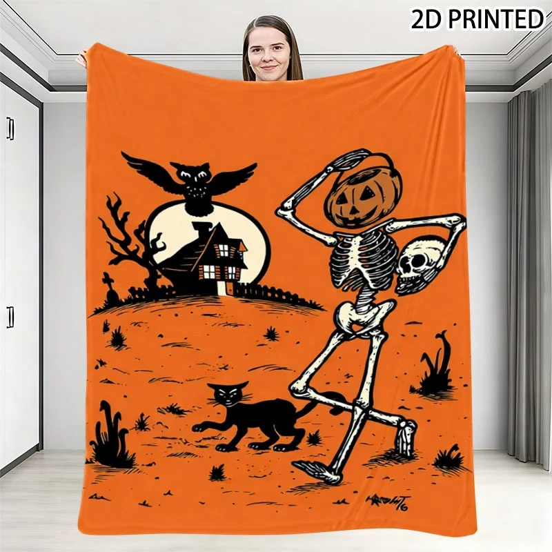 Retro Halloween Illustration Throw Blanket, Spooky Pumpkin Head Skeleton Black Cat & Haunted House Pattern Soft Decorative Blank
