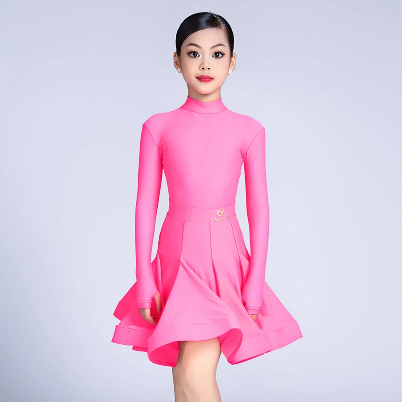 Girls Latin Dance Dress Professional Competition Clothing Long Sleeves Fluorescence Color Dress Cha Cha Rumba Dancewear DNV20840