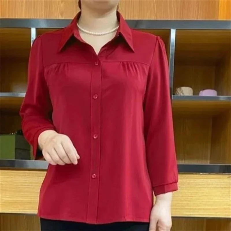 

Mid Aged and Elderly Women Quarter Sleeved Chiffon Shirt for Summer 2025 New Style for Mothers Solid Color Shirt Temperament top