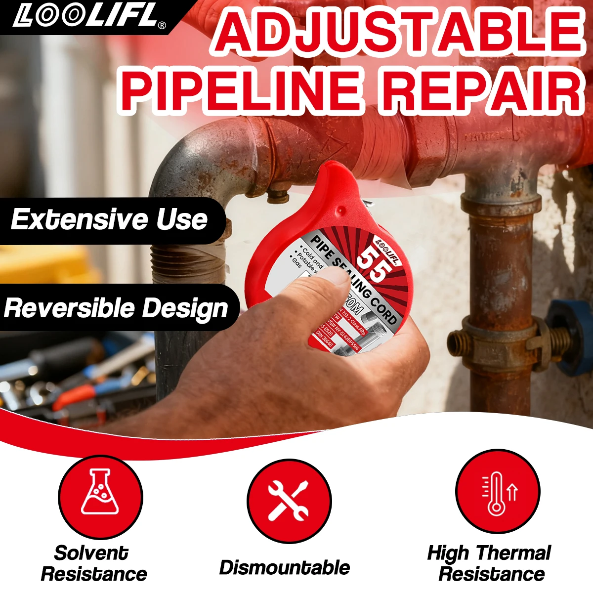 LOOLIFL 50M Pipe Sealing Cord (1-3pc) - Reusable Home Pipeline Sealant, Eco-Friendly for Kitchen & Bathroom Repairs