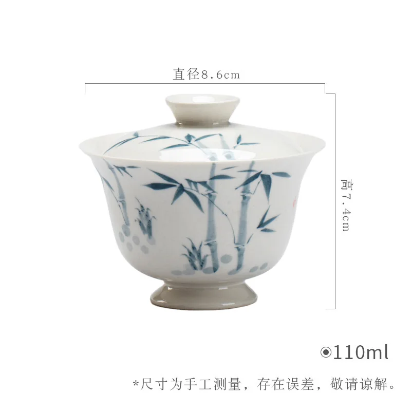 Hand-painted Gaiwan with Ash Glaze Kung Fu Set Ceramic Scholar's Ware Bamboo Branch Household Antique-style Tea Bowl