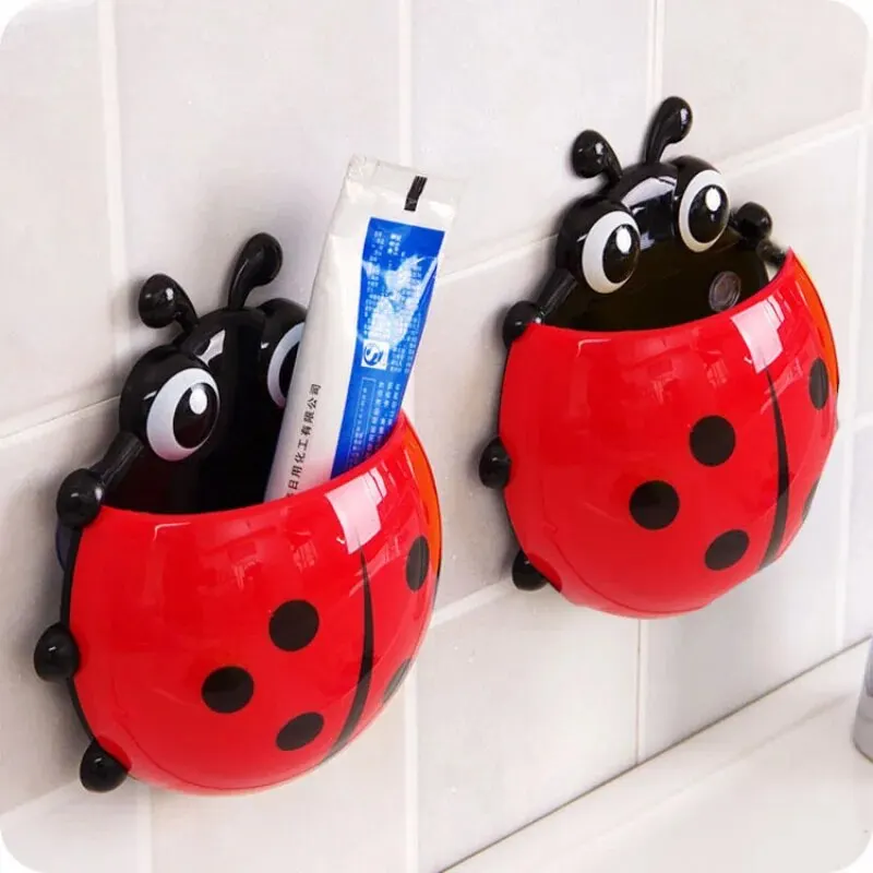 2pcs Toothbrush Holder Cute Ladybug Shape Suction Cup Creative Toothbrush Rack Bathroom No-punching Storage Shelf