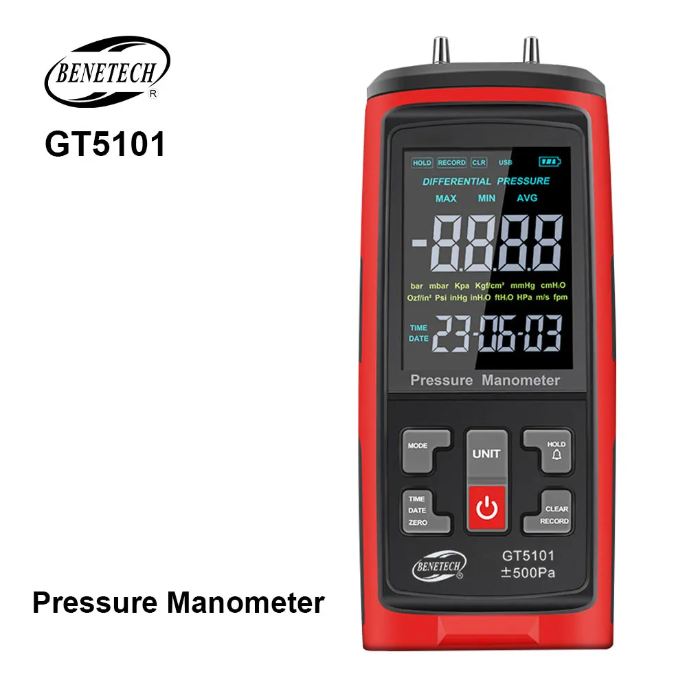 Differential Pressure Meter Pressure Meter ±500Pa LCD Backlit Display 2 Port Digital Manometer Air Pressure Gauge