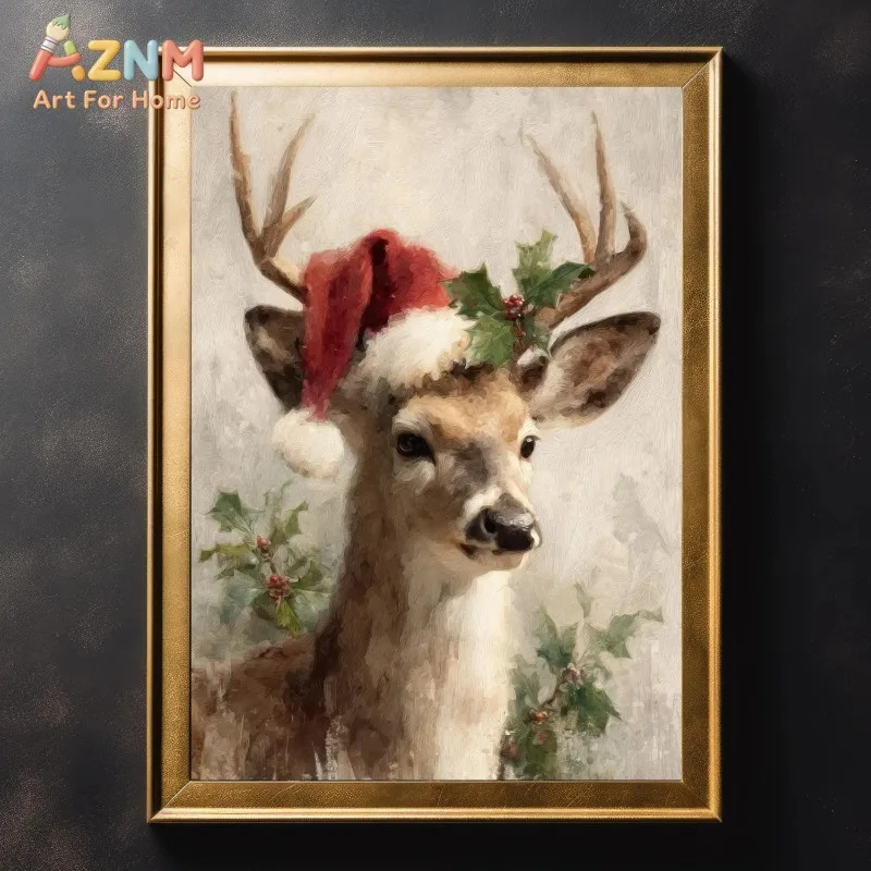 Vintage Christmas Deer Canvas Wall Art Santa Hat Holly Berry Retro Winter Animal Print for Festive Home Unframed Canvas Poster