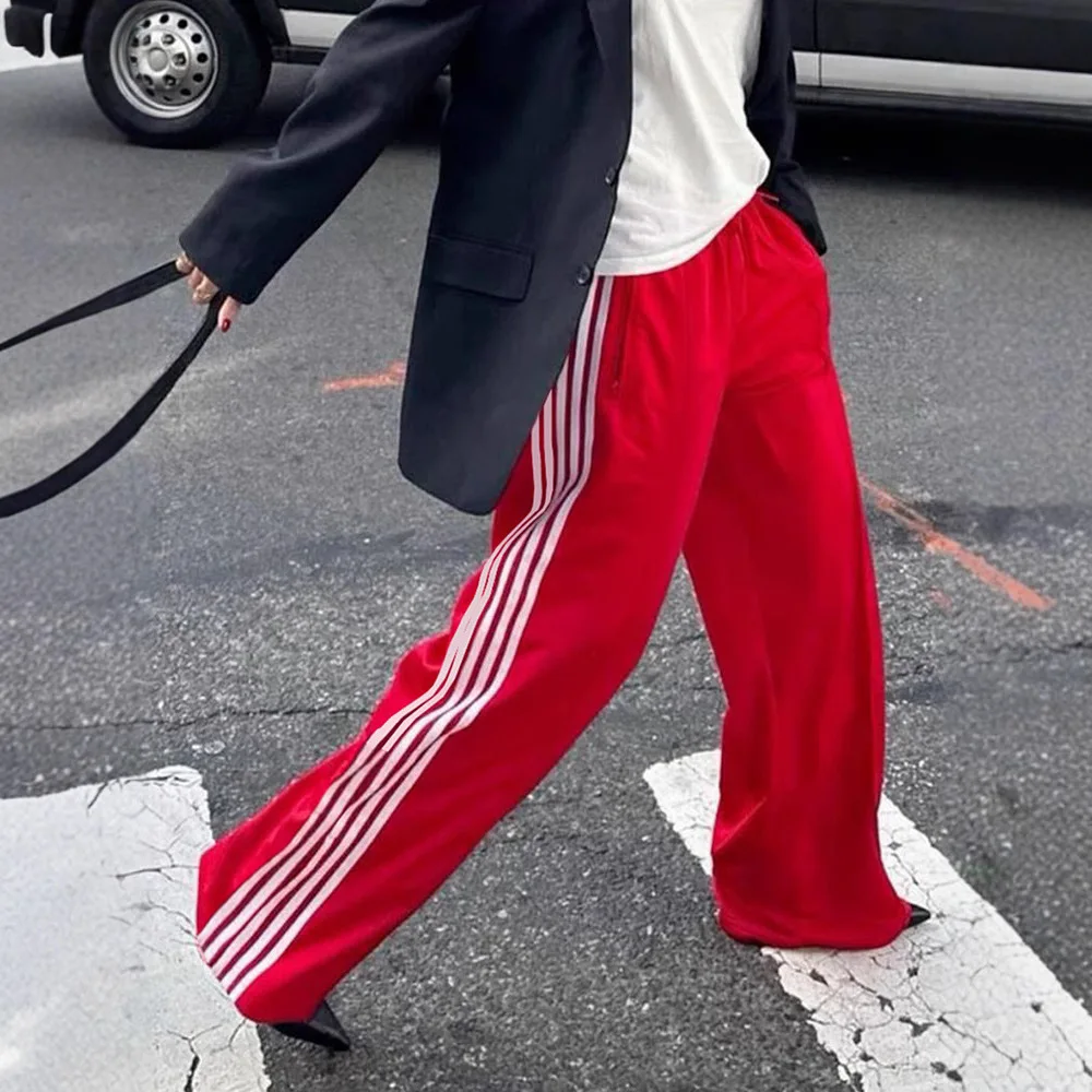 한국 봄 도파민 스트라이프 여성 빈티지 하라주쿠 바지 하이 스트리트 출퇴근 패션 트렌드 루즈 스트레이트 캐주얼 팬츠
