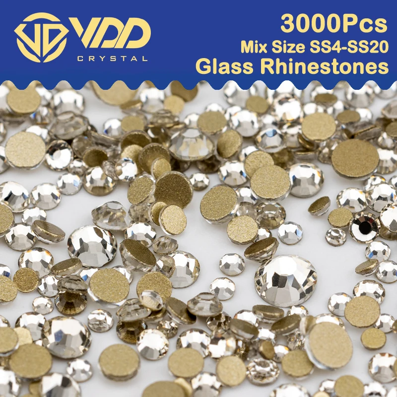 VDD 3000Pcs Mix Size SS4-SS20 Clear Crystal Rhinestones Non-hotfix Gold Flatback Glitter Stones Nail Art Crafts DIY Decorations