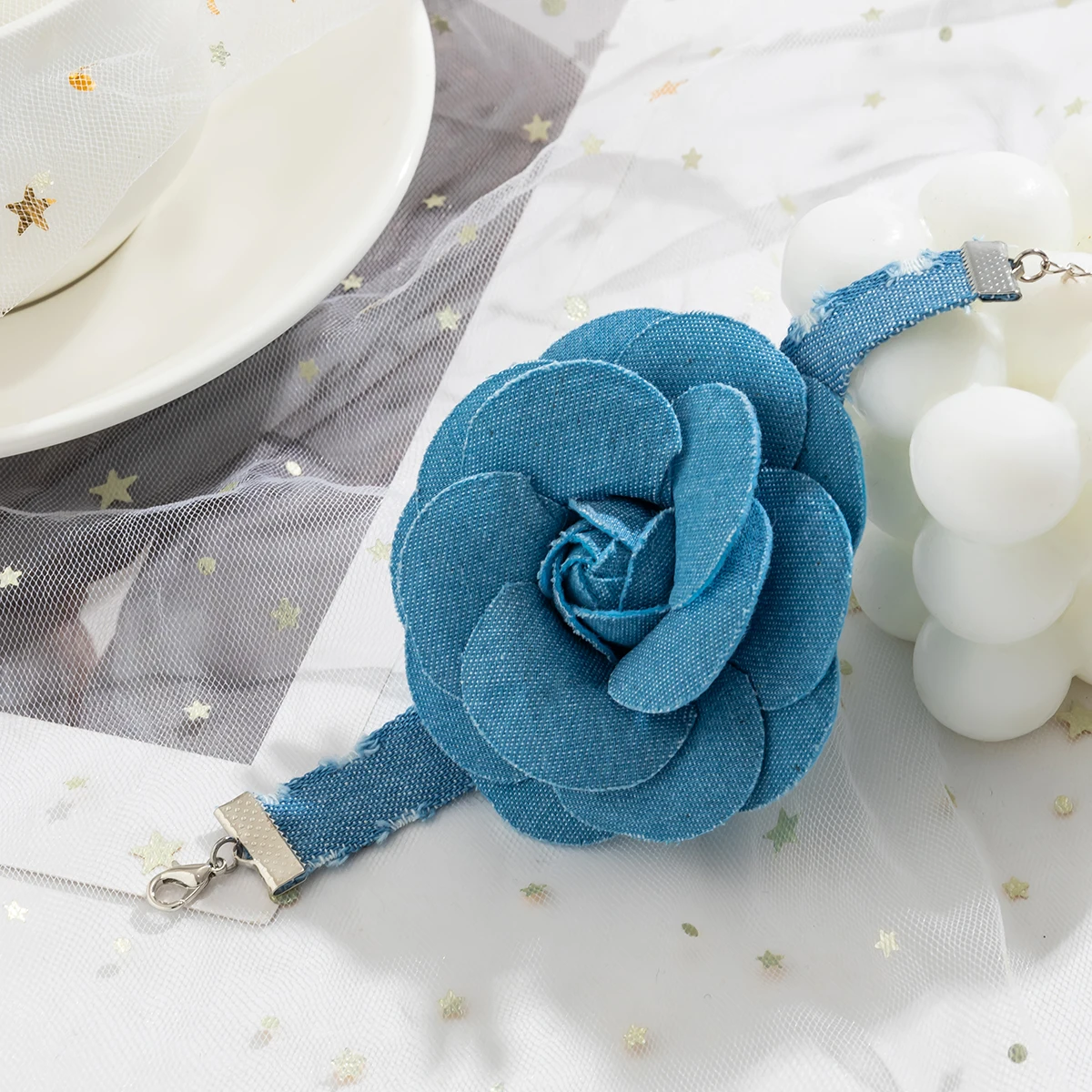 Elegant Blue Denim with Big Flower Bracelet for Women Trendy Making Old Cowboy Hand Chains 2023 Fashion Jewelry Accessories Gift image 4