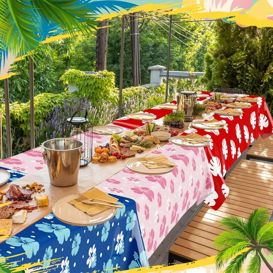 3 Sheets Hawaii Hibiscus and Tropical Leaves Tablecloth Birthday Party Decorations Blue Alien Cartoon Table Cove for Birthday P