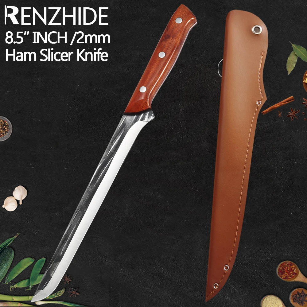 RZD Forged Steel Slicing Chef Knife Spanish Style Meat Ham Slicer Knife Cover Sheath Splitting Squash Pumpkin Watermelon Tools