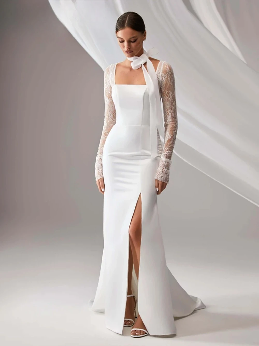 Customized Satin Mermaid Wedding Dress 2026 Square Neck Full Lace Sleeves Bridal Gown with Bow Tie High Slit Elegant Bride Dress