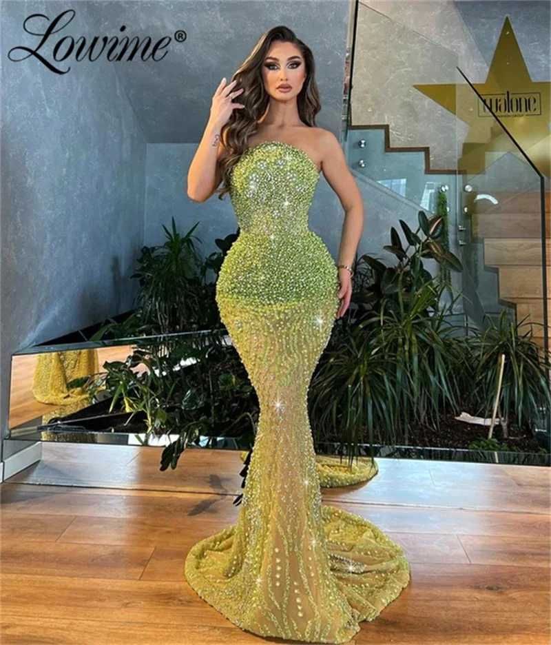 Heavy Beading Shiny Prom Dresses Long Train Strapless Mermaid Luxury Evening Dress 2024 Robe De Soirée Haute Couture Prom Gowns