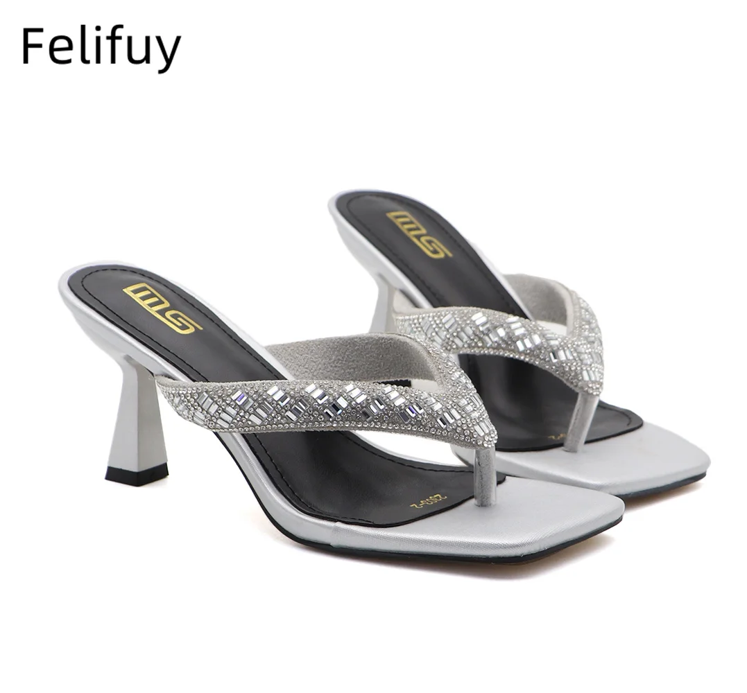 

Silver rhinestone flip flops summer stiletto high heeled slippers black fashion women's sandals diamond fashion women's shoes