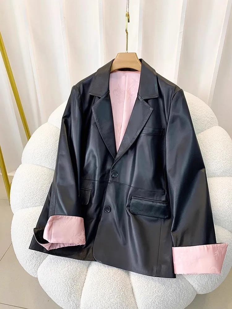 Elegant Office Ladies Genuine Leather Suit Jacket Loose Fit Single Breasted Long Sleeve Patchwork Casual Sheepskin Blazers Coat