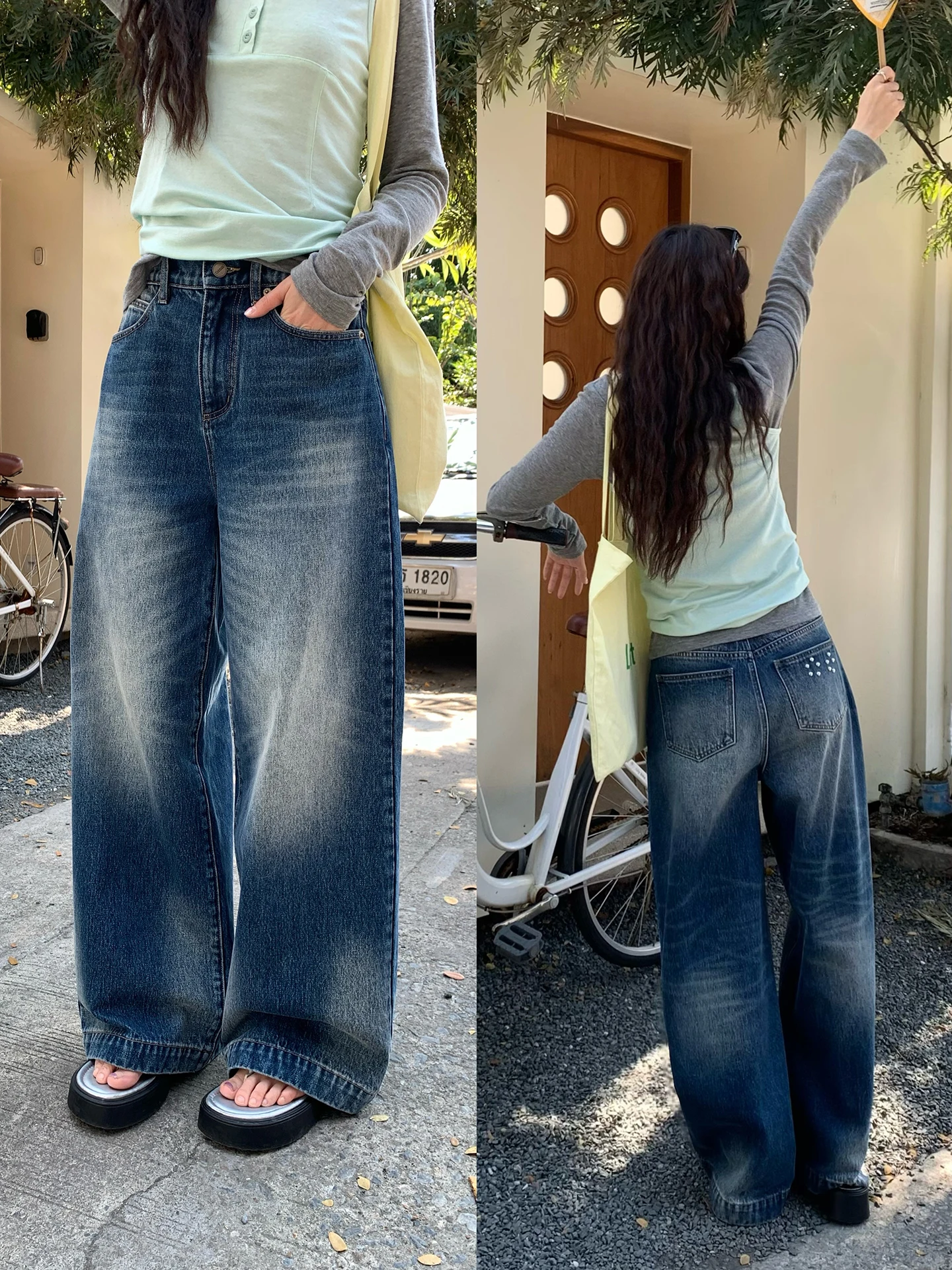 

WHYSTUDIO Pearl Wide Leg Loose Jeans Women's Early Spring New Straight Waed Long Trousers High Waist Cotton Stretch Zipper