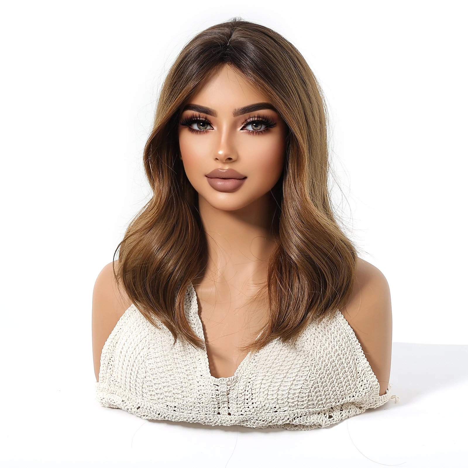 HENRY MARGU Medium Length Wavy Synthetic Hair Wig for Women Brown Wavy Fake Hair Middle Part Daily Club Wigs High Temperature image 3