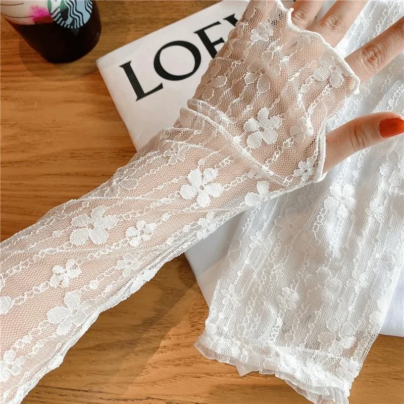 Long Lace Hollow-Out Fingerless Gloves Women Summer Anti-UV Sleeves Mesh Breathable Ice Silk Mittens Oversleeve Driving Cycling