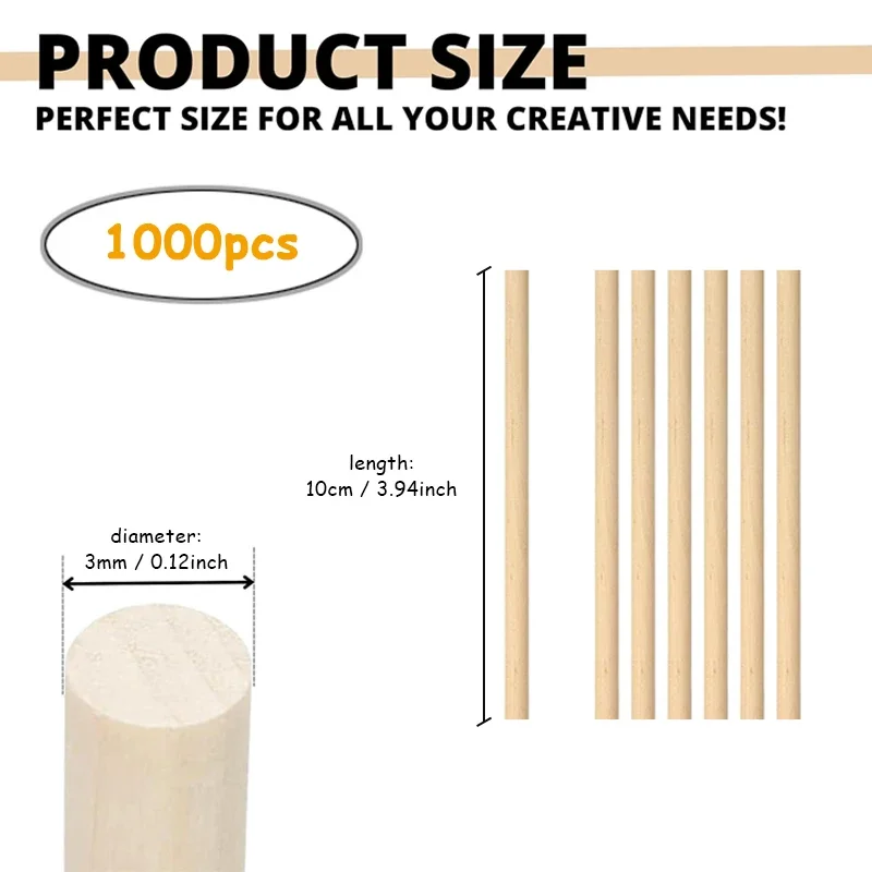 1000pcs 10cm Wooden Dowel Rods, Precut Natural Hardwood Round Doweling Rod Wood Sticks for Tiered Cakes, Wanding, Macrame, Craft