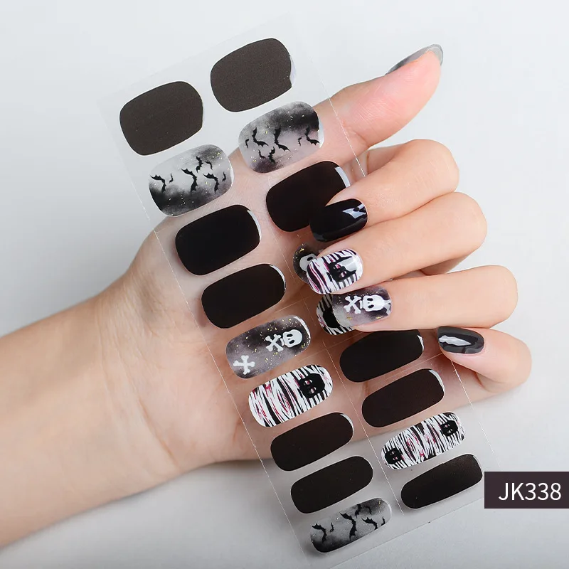 2024 Halloween Semi-cured UV Gel Nail Stickers Pumpkin Skull Full Cover Gel For UV Lamp Gel Nail Strips Press On Nail Decal